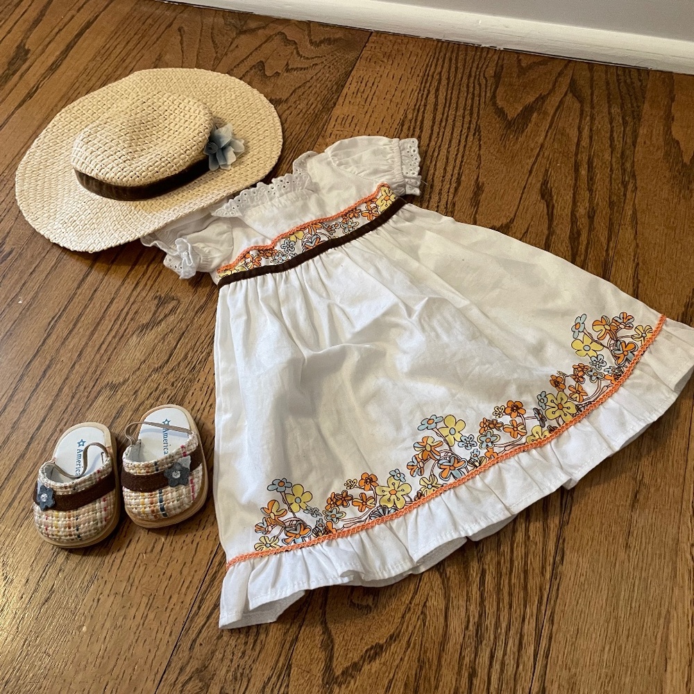 American girl white summer dress with raffia clogs and matching sunhat